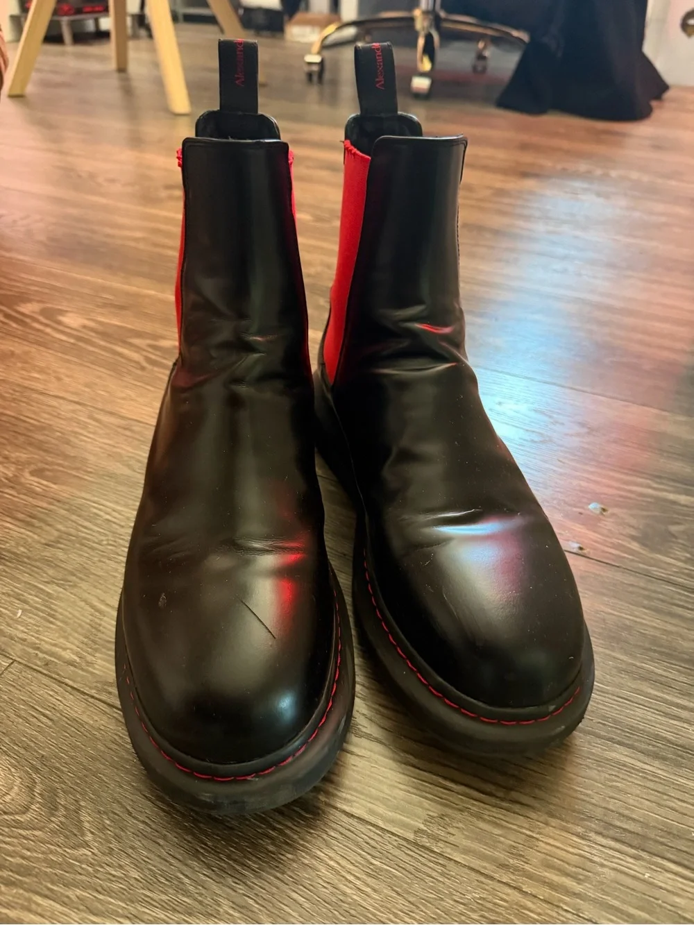 Alexander McQueen Black Leather Chukka Boots with Red Elastic Panels